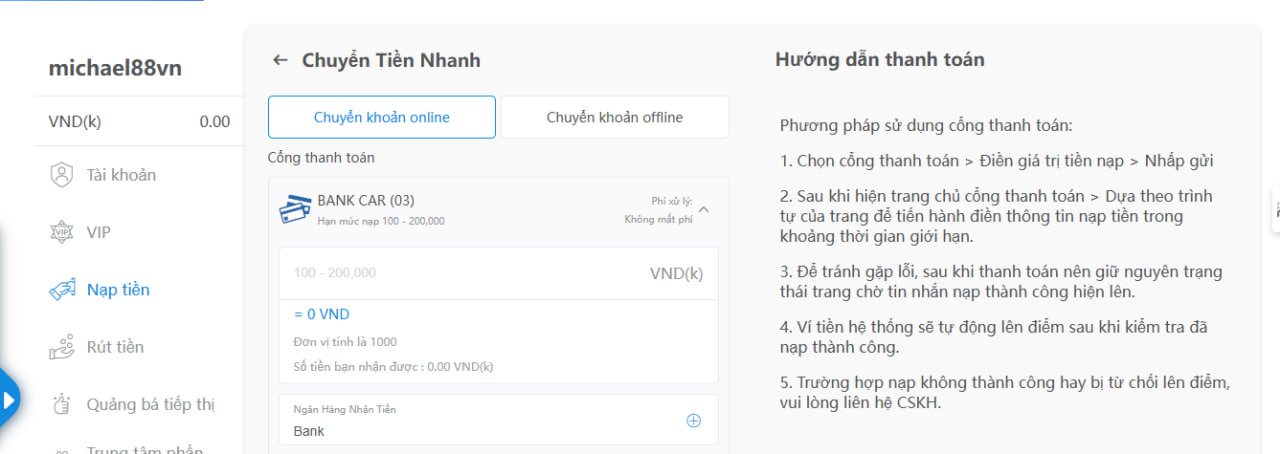Nhập số tiền cần nạp vào DR88 tối thiểu 20.000 đồng