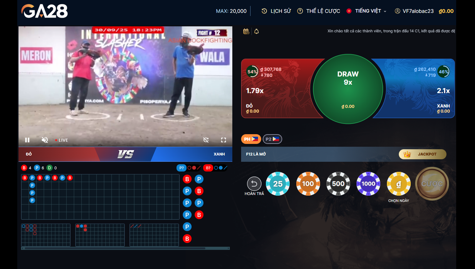 Giao diện xem livestream gà đá trực tiếp tại các bồ gà Thomo