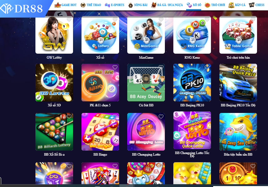 Sảnh xổ số DR88 với các nhà cung cấp GW, SABA, BBIN, DB Lottery.