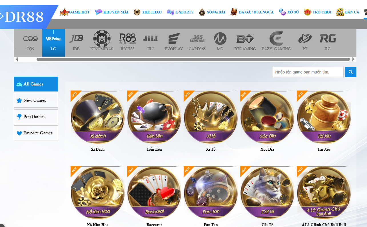 Sảnh Game bài DR88 rất đa dạng tựa game bài dân gian quen thuộc